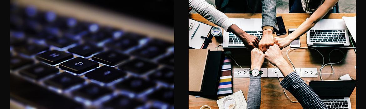 Technology Header, two pics side by side. left hand pic has hands coming together in unison with laptops and devices in background. right hand pic has keyboard with keys G and H highlighted.